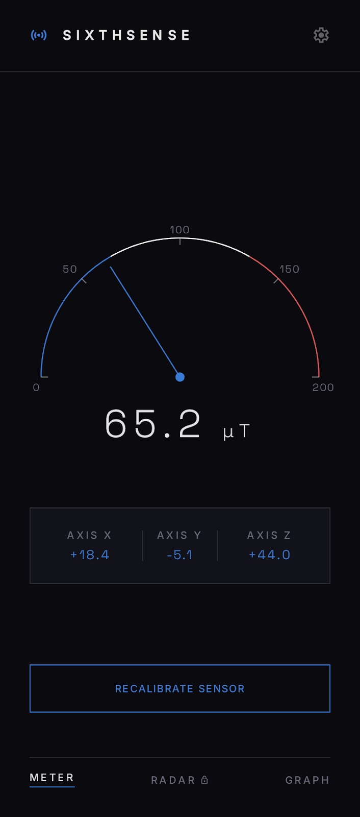 SixthSense EMF meter showing 65.2 µT reading