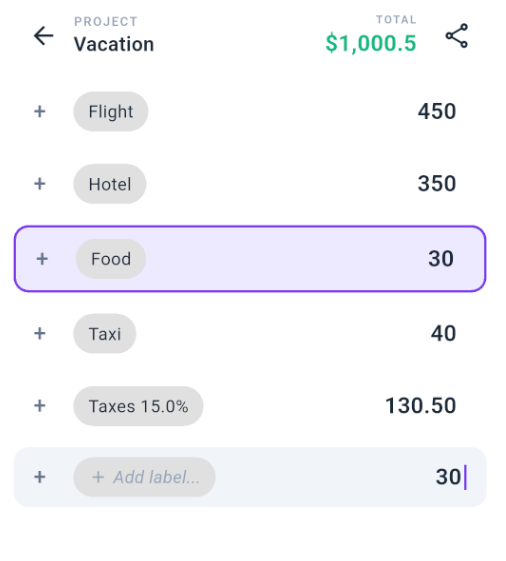 TapeCalc app showing editable groceries list with calculator interface